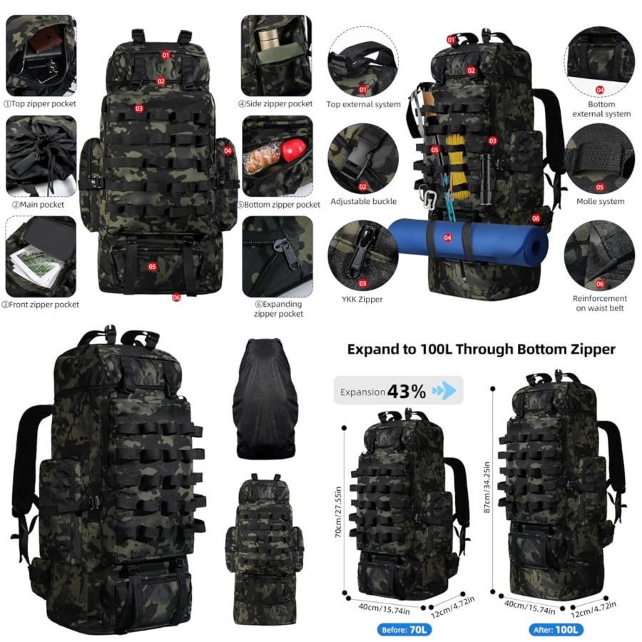 70L/100L Camping Hiking Backpa - Hiking Backpack Waterproof reseña y precio